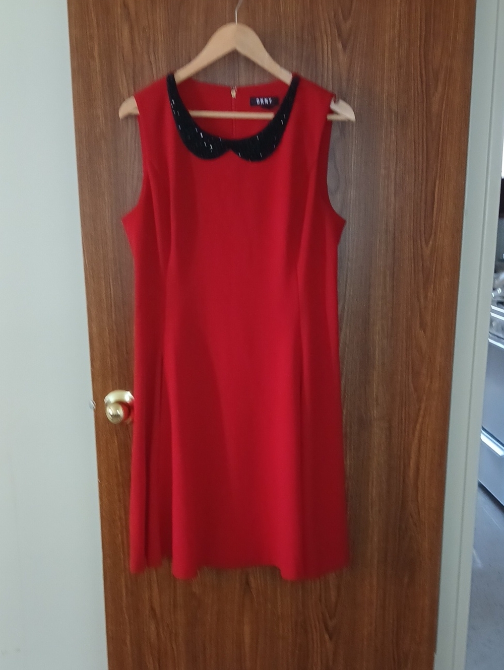 DKNY Red Sleeveless Dress with Black Beaded Collar